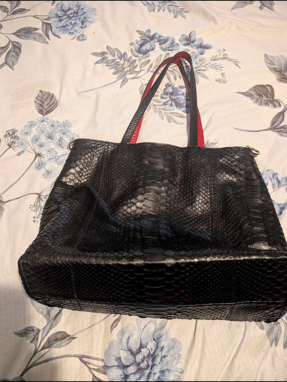 Black Leather-Snakeskin Tote with Red-Trim Handles